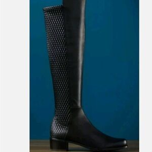 Stuart Weitzman OTK Black Leather Woven Stretch Boots